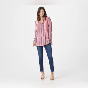 Laurie Felt | Stripe and Solid Button-Down Blouse | XL